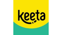 Logotipo da marca Keeta com texto em preto sob um fundo com verde e amarelo