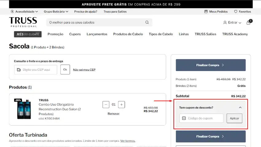 Captura de tela indicando onde inserir cupom de desconto truss professional