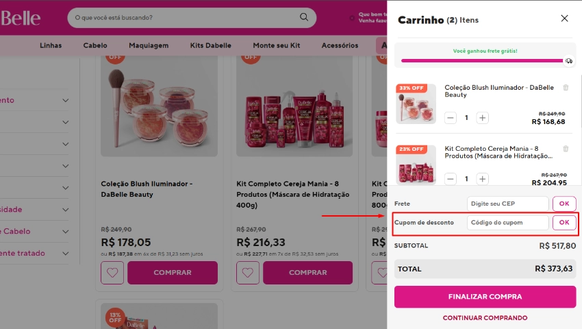 Captura de tela mostrando onde inserir o cupom de desconto no site oficial da DaBelle