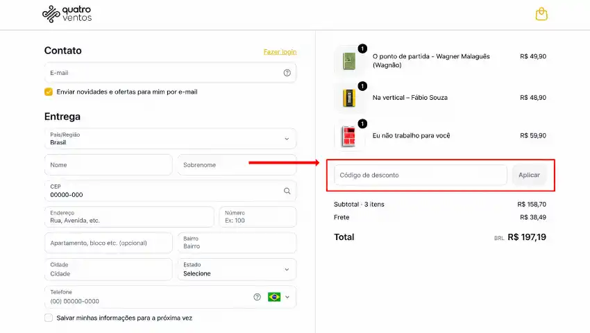 Captura de tela mostrando onde inserir um cupom de desconto no site da Editora 4 Ventos