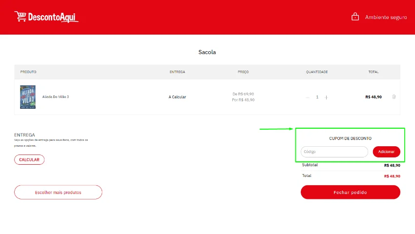 Captura de tela indicando onde adicionar cupom de desconto no site do Desconto Aqui