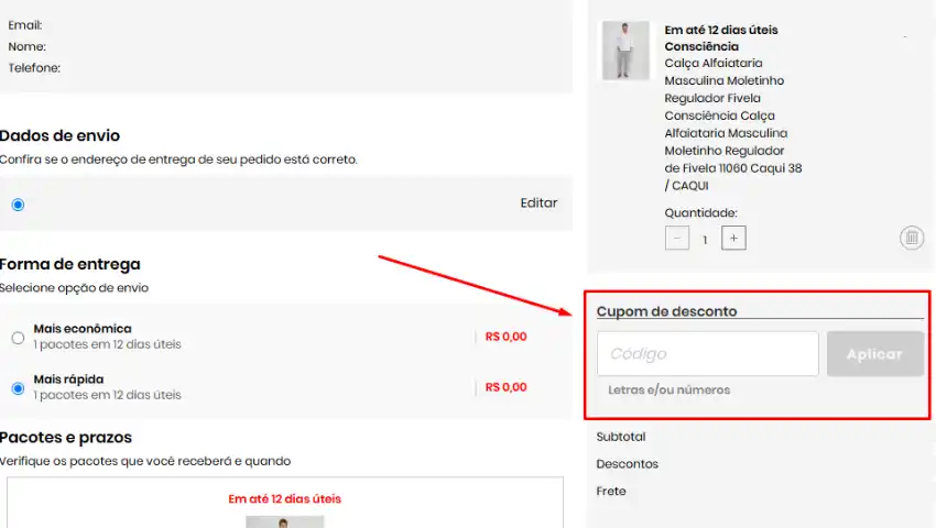 Captura de tela do checkout do site Privalia mostrando onde inserir cupom de desconto.