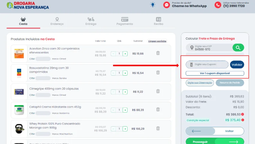 captura de tela indicando onde inserir o cupom de desconto na cesta do site