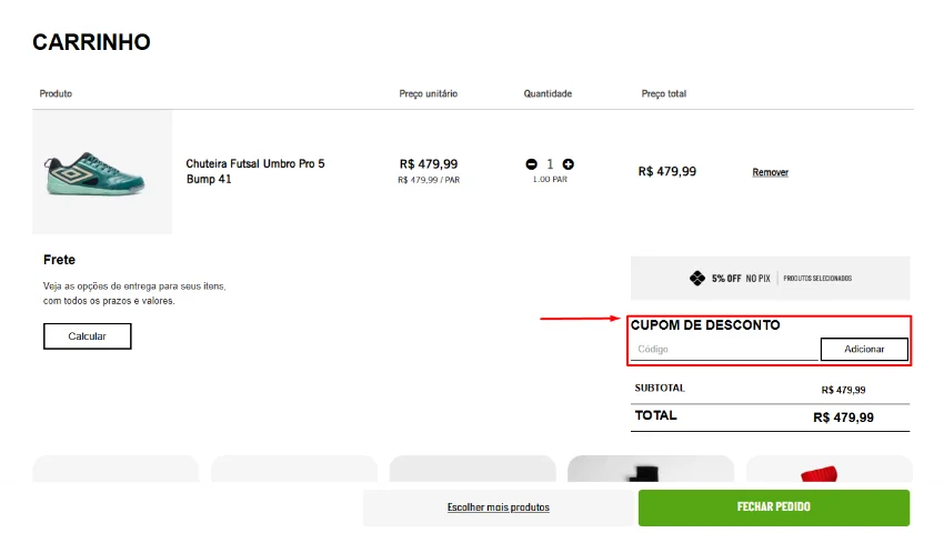 Captura de tela indicando onde usar um cupom da umbro.