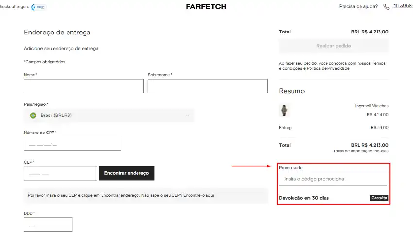 Captura de tela mostrando onde inserir o cupom de desconto.