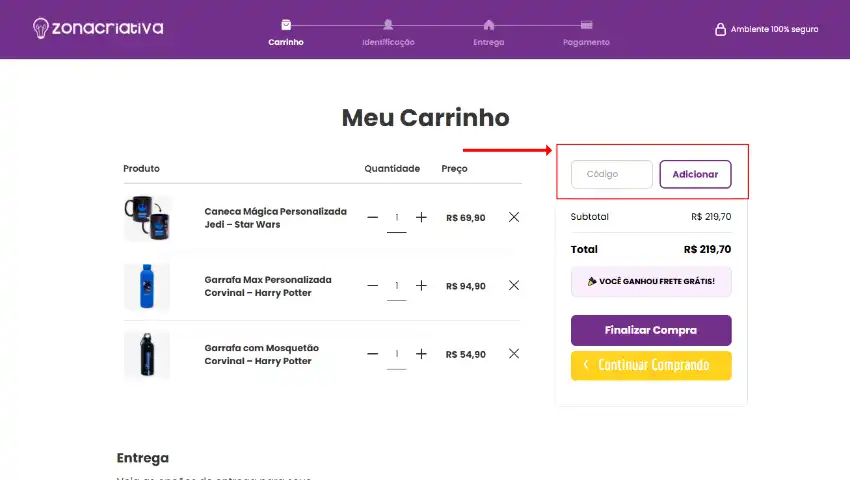 Captura de tela mostrando inserir o cupom de desconto