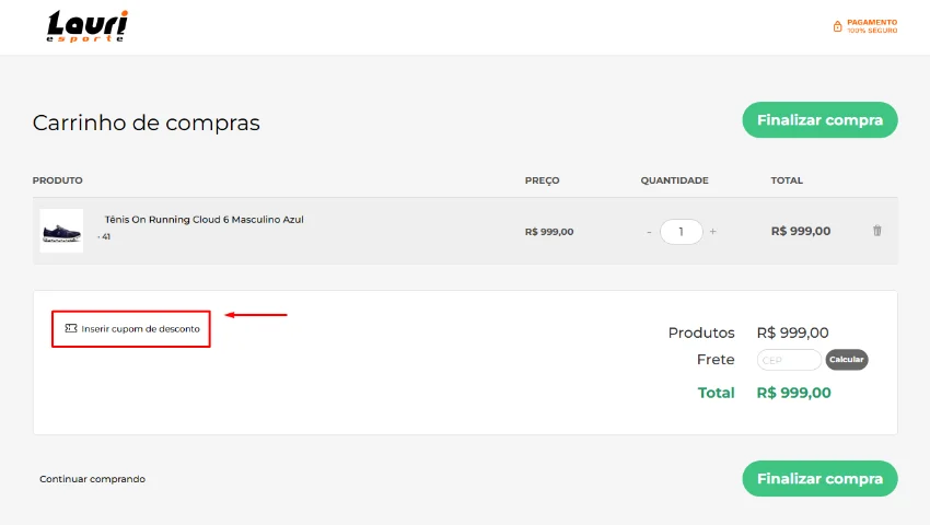 Captura de tela mostrando onde inserir um cupom de desconto no site da Lauri Esportes