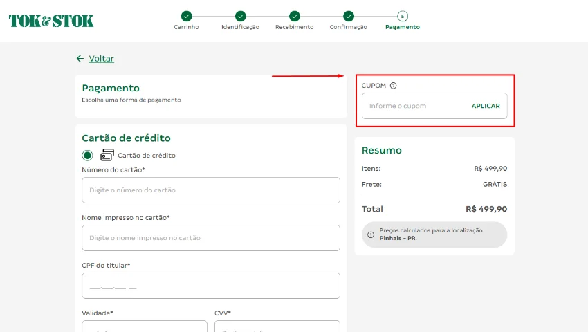 Captura de tela indicando onde adicionar o cupom de desconto no site da Tok & Stok