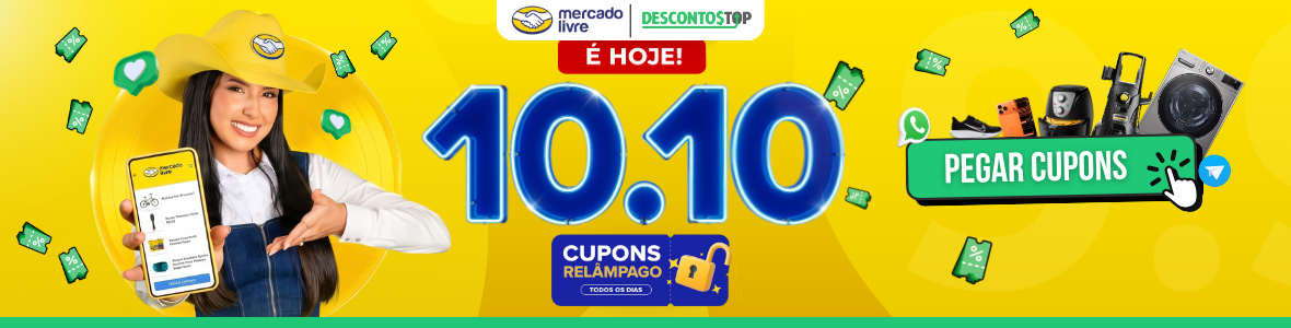 Cantora Ana Castela ao lado de texto indicativo da promoção de data dupla 10.10 do Mercado Livre com chamada para pegar cupons do site.