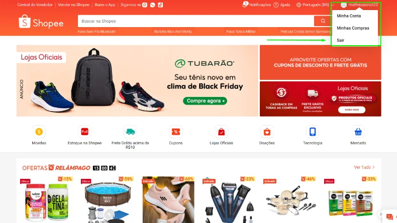 Captura de tela indicando a aba "Minhas Compras".