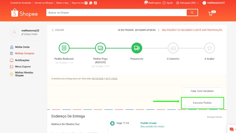 Captura de tela indicando o botão para cancelar a compra ou pedir reembolso da mesma.