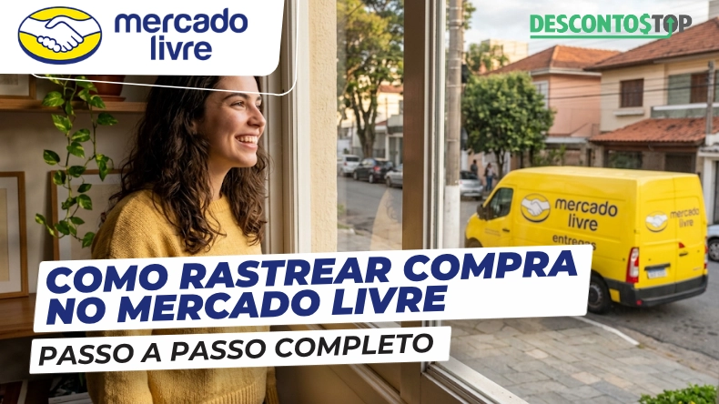 Uma mulher caucasiana de cabelos escuros cacheados olhando pela janela uma van de entrega do mercado livre. Ela olha ansiosa para a van com a tão esperada encomenda.
No canto superior esquerdo está a logo do mercado livre, enquanto no canto inferior direito a logo do Descontos Top.
Alinhado a esquerda na parte inferior está o título do texto "Como rastrear compra no Mercado Livre: Passo a Passo Completo".