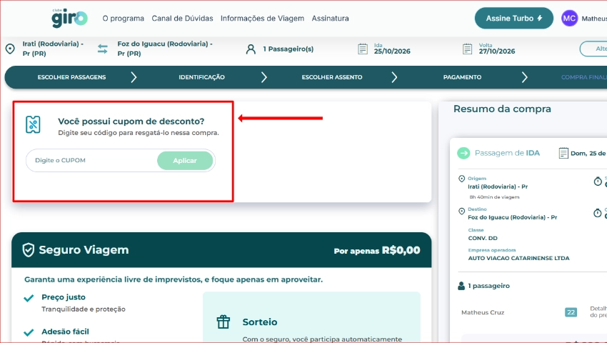 Captura de tela do checkout da Clube Giro indicando onde inserir seu cupom de desconto