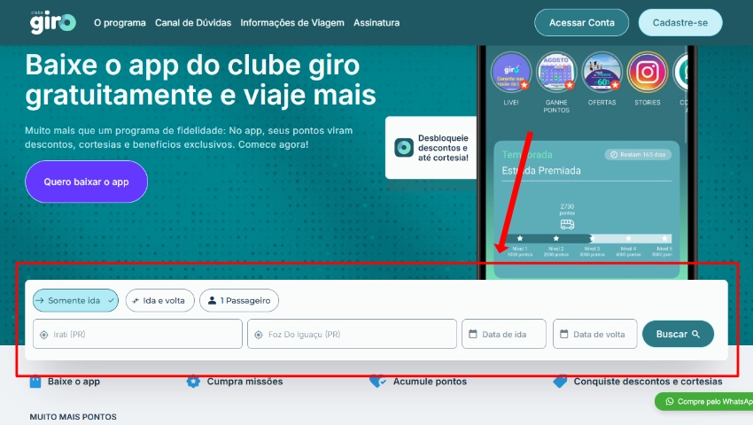 Captura de tela indicando onde escolher seu destino de viagem pelo site da Clube Giro
