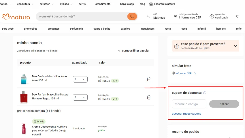 Captura de tela indicando onde inserir um cupom no campo "cupom de desconto".
