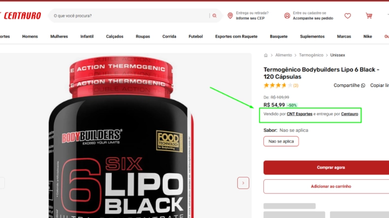 Página de produto no site da Centauro exibindo o termogênico Bodybuilders Lipo 6 Black, com 120 cápsulas. A área de compra informa o preço e destaca que o produto é vendido pela CNT Esportes, parceira do marketplace, e entregue pela Centauro.