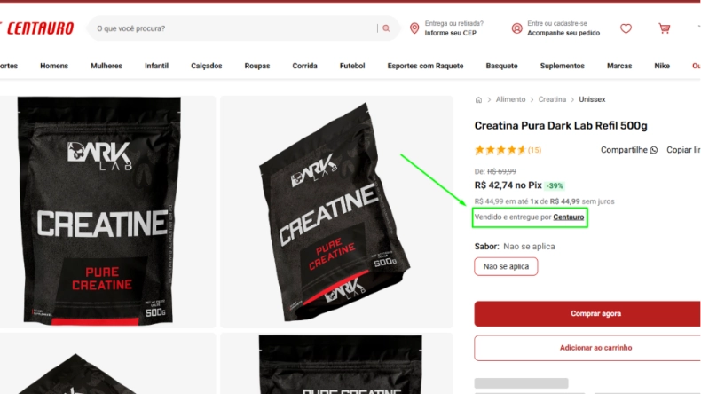 Página de produto no site da Centauro exibindo a creatina pura Dark Lab em embalagem de 500 g. A área de compra apresenta o preço, as opções de pagamento e a indicação destacada de que o produto é vendido e entregue pela própria Centauro.