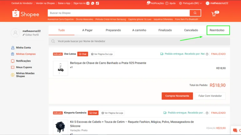 Captura de tela da sessão "Minhas Compras" indicando o botão "Reembolso"
