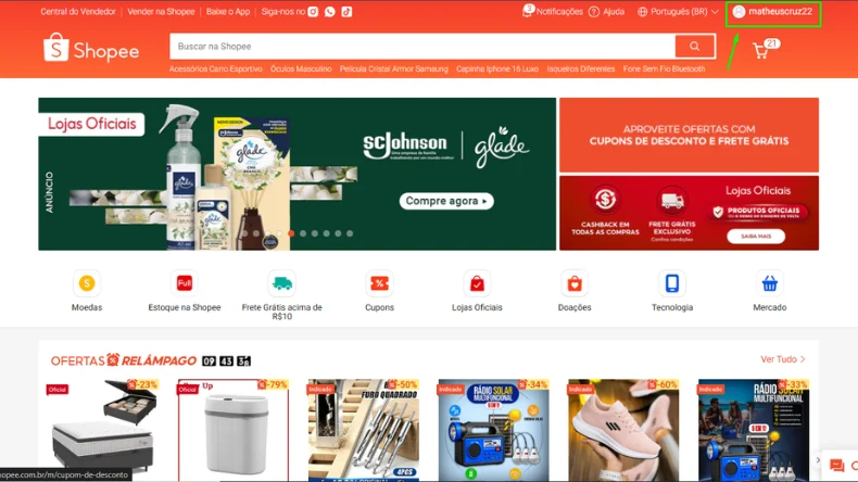 Captura de tela indicando onde o usuário deve clicar para encontrar a aba "Minhas Compras" na plataforma da Shopee